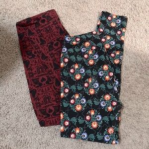 2 pair legging bundle nature forest M & black swirly fire flower floral OS